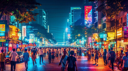 Obraz premium Viibrant city nightlife with neon lights illuminating the streets, a bustling crowd. Generative ai.