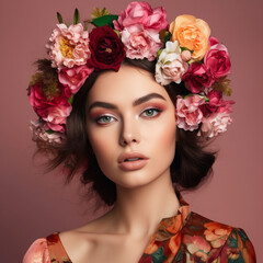 Naklejka premium Fashion portrait of gorgeous sensual girl with brown hair in floral wreath. Portrait of beautiful young woman with flowers in her hair. Beauty. Attractive girl with wreath flowers. AI generated