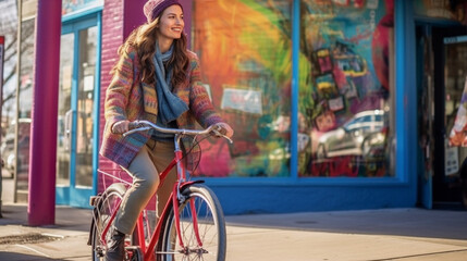 Obraz na płótnie Canvas A vibrant urban lifestyle with a young woman cycling through a bustling city street, adorned with colorful street art. Generative ai.