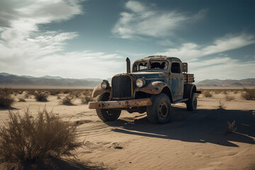An abandoned old truck in the middle of the desert.Created with generative ai