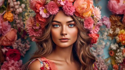 Naklejka premium Fashion portrait of gorgeous girl with blond hair in floral wreath. Portrait of beautiful young woman with flowers in her hair. Beauty. Attractive girl with wreath flowers. AI generated