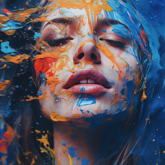 Watercolor art Closed-eyed sensual lady. Art painted image of a Beautiful girl with massive colorful splashes on face and backdrop. AI content. AI generated