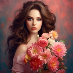 Portrait of beautiful young woman with long curly hair and bouquet of flowers. Beautiful young woman with long curly hair and flowers. Attractive girl with long wavy hair and flowers. AI generated