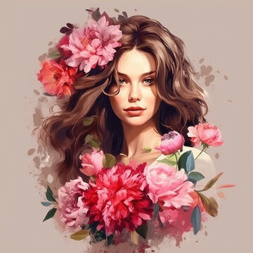 Beautiful young woman with flowers in her hair.  Beautiful young woman with peony flowers in her hair. Vintage style. AI generated.