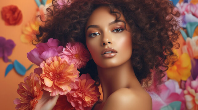 Fashion portrait of gorgeous sensual  latin girl with brown hair and colorful flowers.  Portrait of beautiful young woman with flowers. Attractive american dark skin girl with flowers. AI generated
