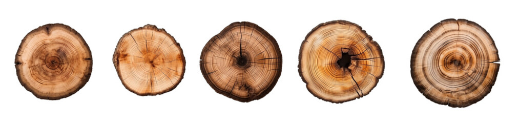 Set of tree ring slice, stump circular. Set of round cuts of logs, wooden elements with tree rings. isolated on transparent background Png, AI. 