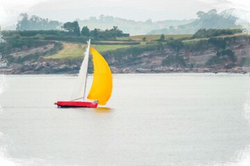 Small colorful sailboat, sailing in front of the coastal cliffs, with a large yellow sail unfurled. Oil painting style, concepts, illustrations