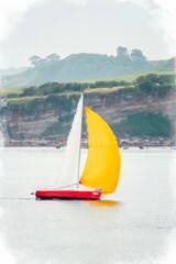 Small colorful sailboat, sailing in front of the coastal cliffs, with a large yellow sail unfurled. Oil painting style, concepts, illustrations
