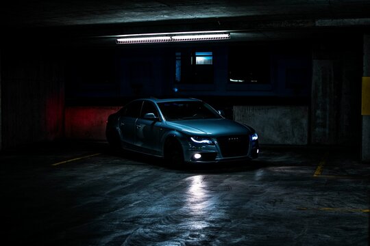Front view of an Audi S4 in a parking garage