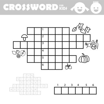 Word search crossword puzzle. Autumn. Find and write the words show in the picture. Fall harvest. Food. Vector educational activity page for children. Worksheet learning English language