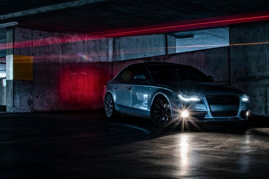 Front view of an Audi S4 in a parking garage