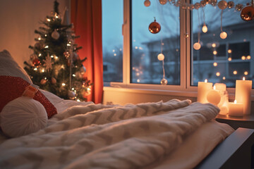 Christmas decoration in cozy bedroom interior