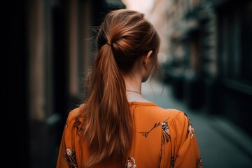 Obraz premium Beautiful young woman with unusual long hair color walking down the street in the city view from back. blurred background. pink color stylish look Fashion concept. Girl with beautiful Generative AI