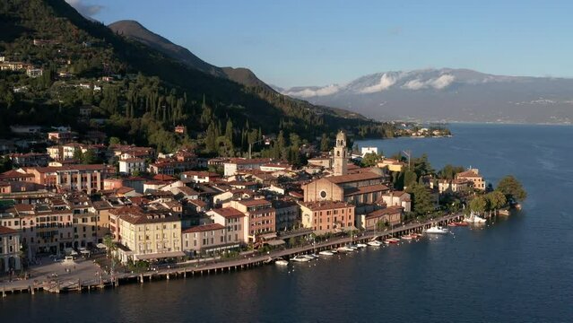 Aerial view of the beautiful town of Salo on the Lake Garda shore in Italy