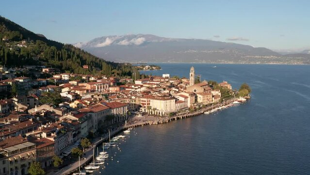 Aerial view of the beautiful town of Salo on the seashore in Italy