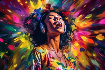 young woman with headphones enjoys the music created with Generative AI technology
