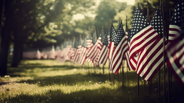 Memorial Day, Remember And Honor, Independence Day, Outdoor American Flags. Generative AI