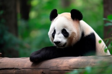 Fototapeta premium Cute panda bear climbing tree. Panda bear sitting on the tree. High quality photo. Red list. Protect save Generative AI