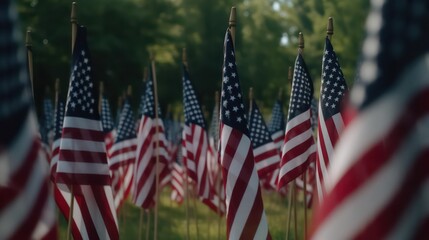 Memorial Day, Remember And Honor, Independence Day, Outdoor American Flags. Generative AI