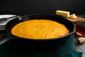 Buttermilk Cornbread Baked in a Cast-Iron Skillet at a Low Angle: Freshly made Southern cornbread in a frying pan with butter and honey on the side