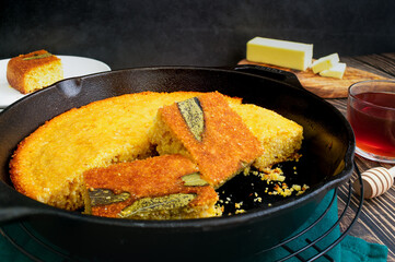 Sage Cornbread Cut Into Pieces in a Cast-Iron Skillet: Freshly baked Southern buttermilk cornbread in a frying pan with butter and honey
