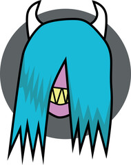 Obraz na płótnie Canvas Vertical icon of a purple cartoon monster character with horns and blue hair