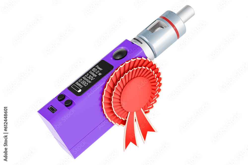 Poster box mod e-cigarette with best choice badge, 3d rendering