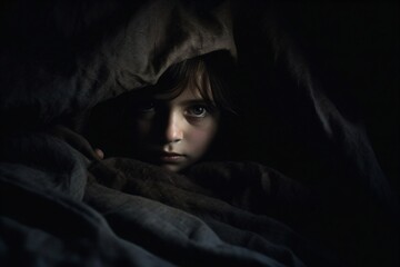 timid little boy hides under the bedspread created with Generative AI technology