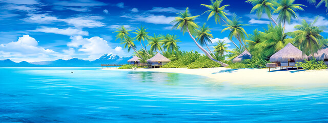 Fototapeta na wymiar paradise island with sandy beach and palm trees in the blue ocean, banner with copy space, made with Generative AI