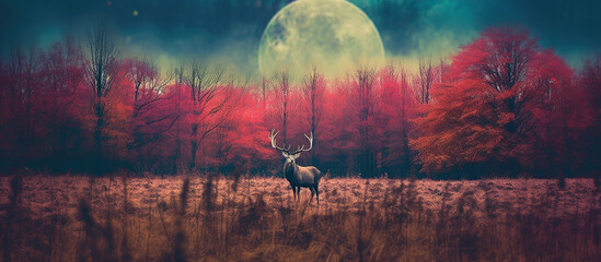 Plakat stag stands among the meadows , starry night Generative AI, Generative, AI