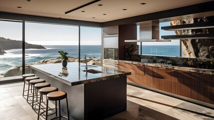 Fototapeta na wymiar A sleek and modern kitchen with stainless steel appliances set up on the edge of a rocky cliff overlooking the ocean.