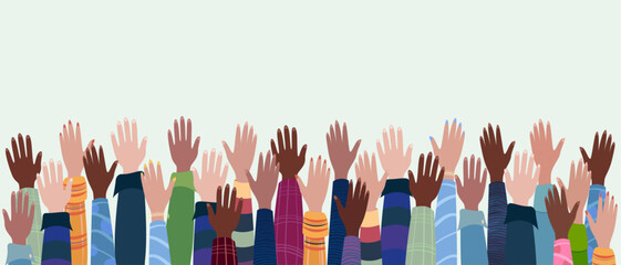 Hands raised up, different people from different ethnic groups. Female and male hands isolated on a pastel background. Vector illustration. The concept of diversity