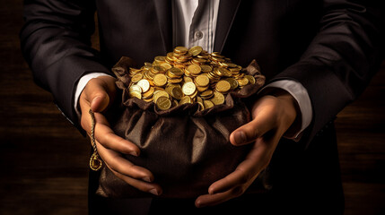 Businessman holding a bag full of golden coins.Created with Generative AI technology. - obrazy, fototapety, plakaty