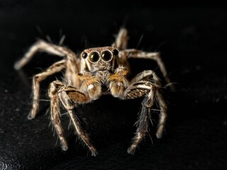 Closeup shot of a brown Jumping spider with four eyes in the black background.