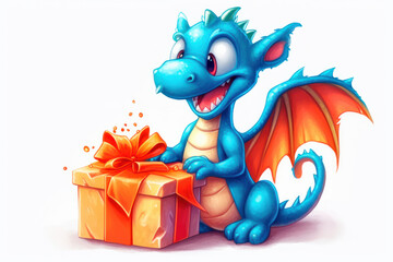 Naklejka premium funny cartoon fairy dragon with gift box in his paws on white background. Greeting card. Chinese new year. The year of dragon. Chinese culture and traditions. New year 2024. Merry Generative AI