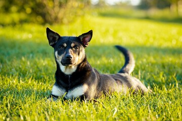 Closeup of a cute Australian Kelpie dog lying on a green grass