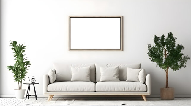 transparent blank canvas painting on the wall in a minimalist light interior, generative ai