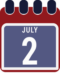 Calendar displaying day 2nd ( second ) of the July - Day 2 of month. illustration, vector