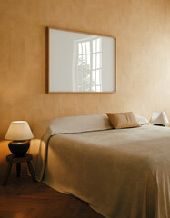 Frame mockup in cozy beige Japandi bedroom interior, 3d render