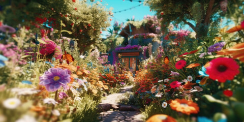 Obraz na płótnie Canvas Experience a symphony of colors in full bloom as a vibrant garden paints a picturesque scene, overflowing with a captivating array of blooming flowers. Generative AI 