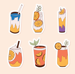Colorful hand drawn summer beverages stickers collection