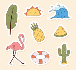 Colorful hand drawn summer stickers collection