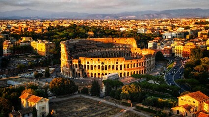 Fototapeta na wymiar Drone view of Colosseum amphitheatre at sunset, Rome, Italy