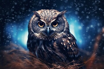 cute little owl with big yellow eyes created with Generative AI technology