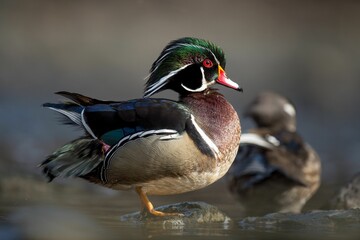 Male Wood Duck with ruffled feathers in the bright sun perched on a rock