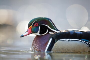 Closeup shot of a Wood Duck swimming in the water