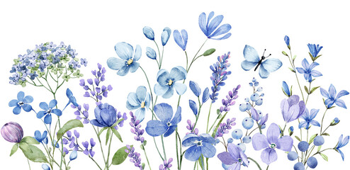 Fototapeta Watercolor blue flowers border banner for stationary, greetings, etc. floral decoration. Hand drawing. obraz