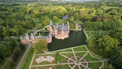 Beautiful view of De Haar Castle with a front gardens