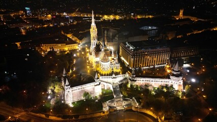 Aerial shot of Matthias Church in Budapest at night