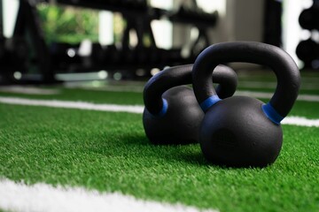 Black kettlebells lying on top of each other on green artificial grass at a gym